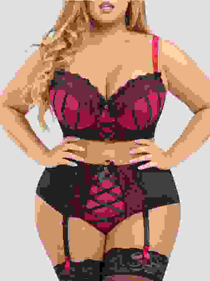 Lovehoney Plus Size Boudoir Belle Cherry Push-Up Longline Bra Set, Black, hi-res